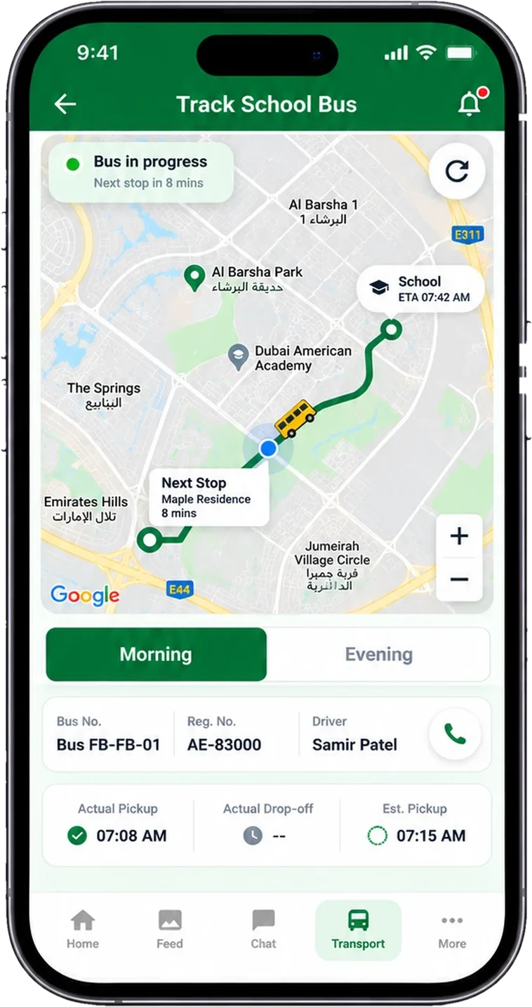 FutureBrights live school-bus tracking screen with the bus on the map, next stop and pickup times