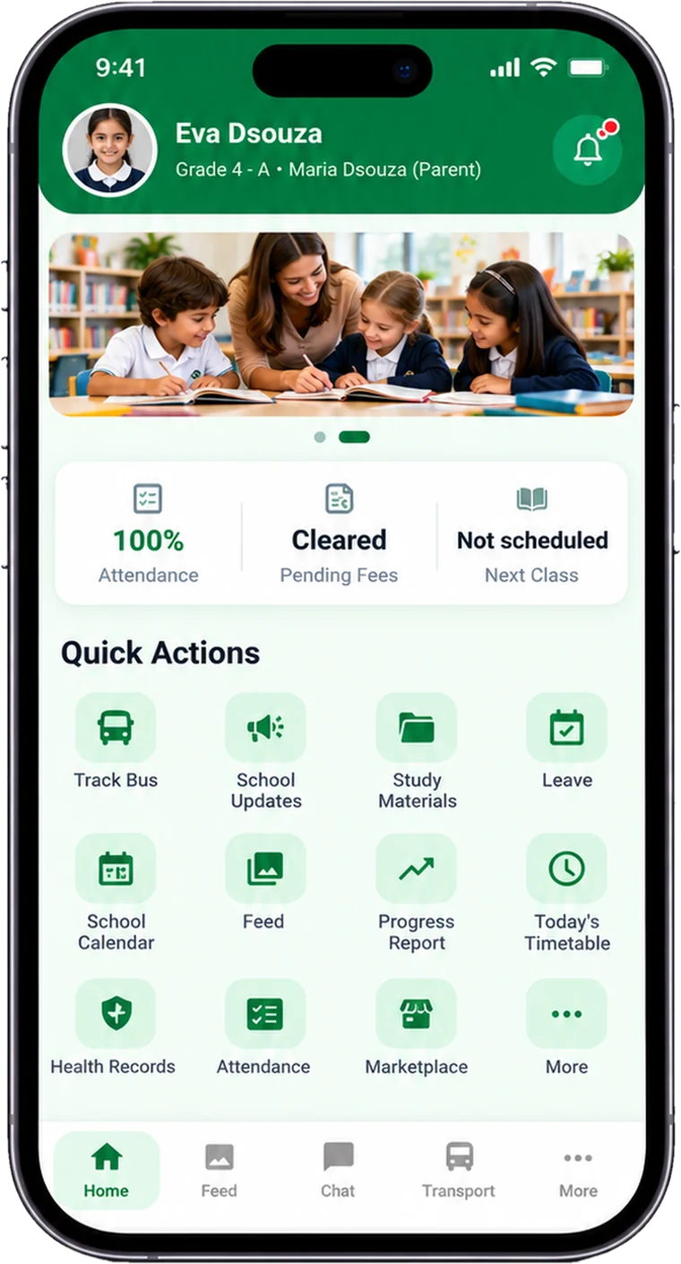 FutureBrights parent home screen with attendance, fees and quick actions